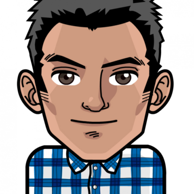 Illustration of a person with short black hair, wearing a blue and white plaid shirt. The person has brown eyes and a neutral facial expression.
