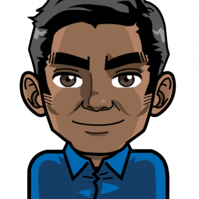 A cartoon illustration of a person with short black hair, brown eyes, and a blue shirt, smiling directly at the viewer.