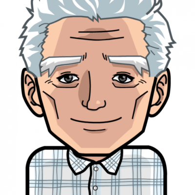 A cartoon illustration of an older man with white hair, white eyebrows, and a slight smile. He is wearing a plaid shirt.