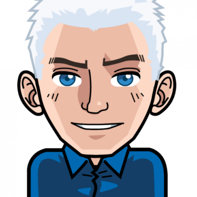 Cartoon avatar of a person with short white hair, blue eyes, and a smile wearing a blue collared shirt.