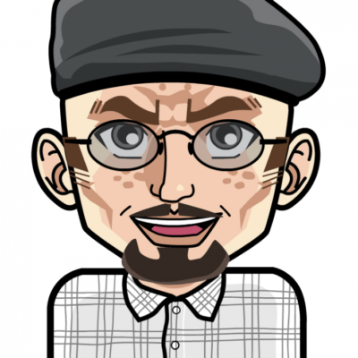 Cartoon illustration of a bald man wearing a beret, round glasses, and a white checkered shirt, smiling.