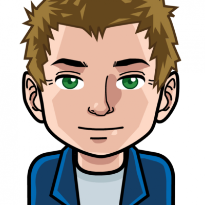 A cartoon illustration of a young person with short, spiky brown hair, green eyes, and a calm expression, wearing a blue jacket over a gray shirt.
