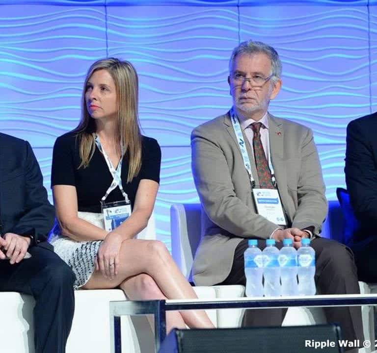 Four people sitting on a stage panel with lanyards and microphones in front of blue Ripple Wall Modular Backdrops, participating in a discussion.