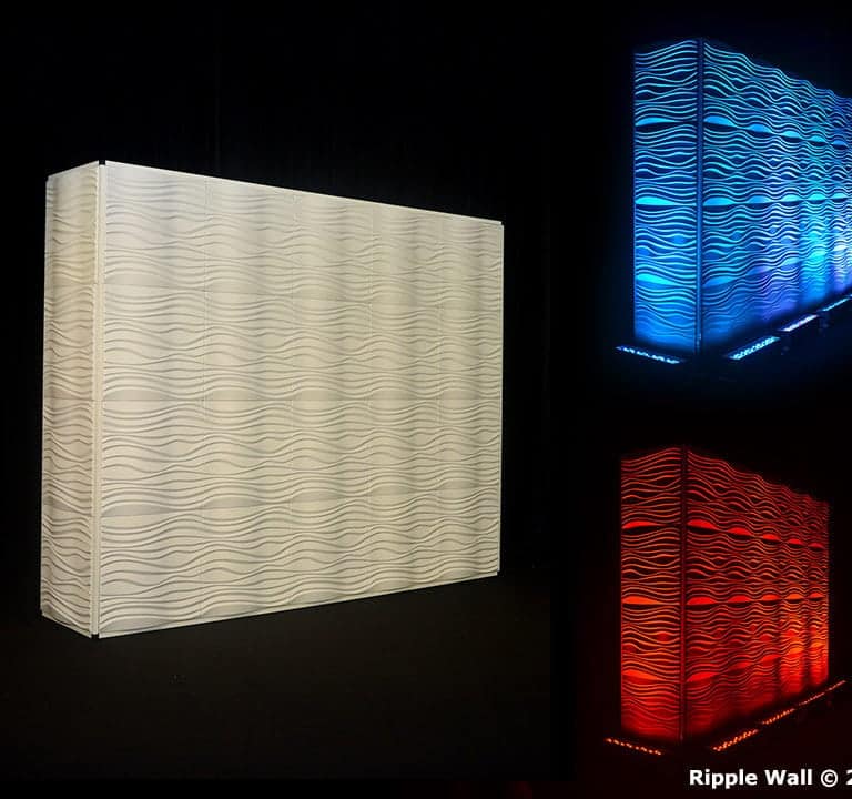 A Ripple Wall Modular Backdrop with a wavy texture is shown in three color variations: white (left), blue (top right), and red (bottom right).
