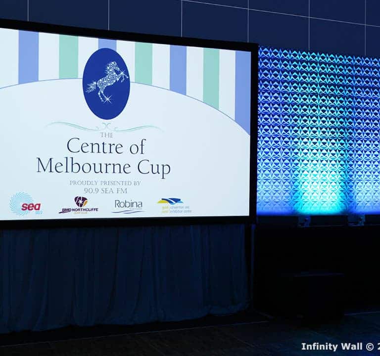 A large projector screen displays 